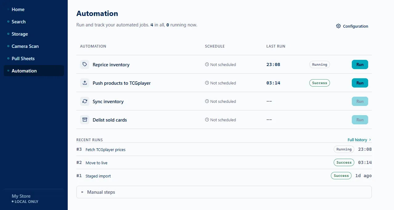 Card Harbor automation screen mid-day: repricing running, a successful push to TCGplayer, and sync and delist jobs ready to run