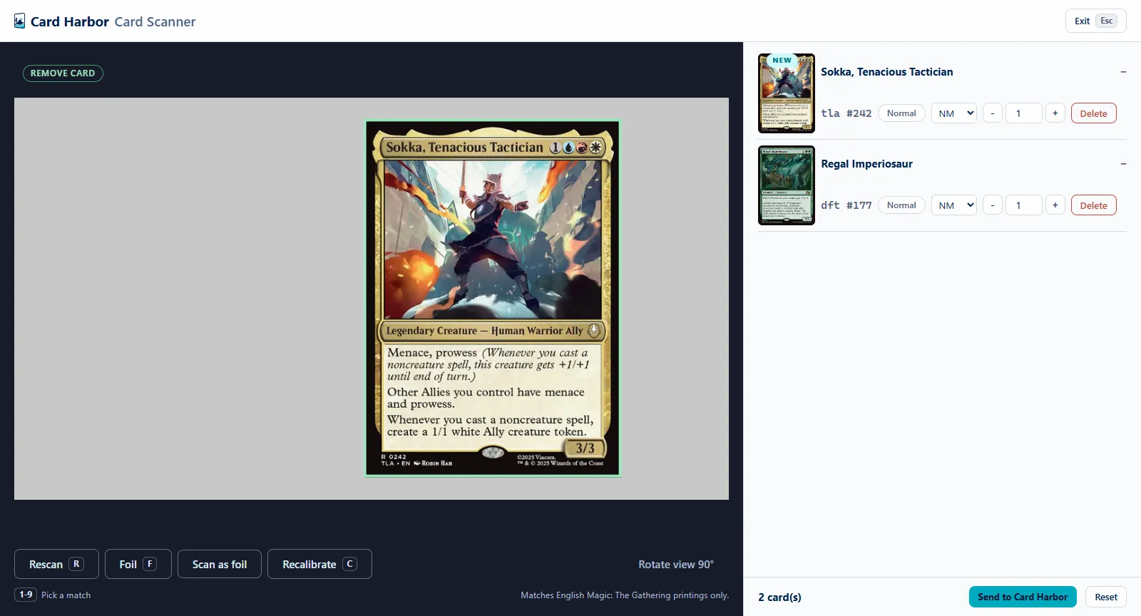 Card Harbor Card Scanner identifying cards live: a card held in the guide box, with Sokka and Regal Imperiosaur recognized and listed in scan order, ready to confirm