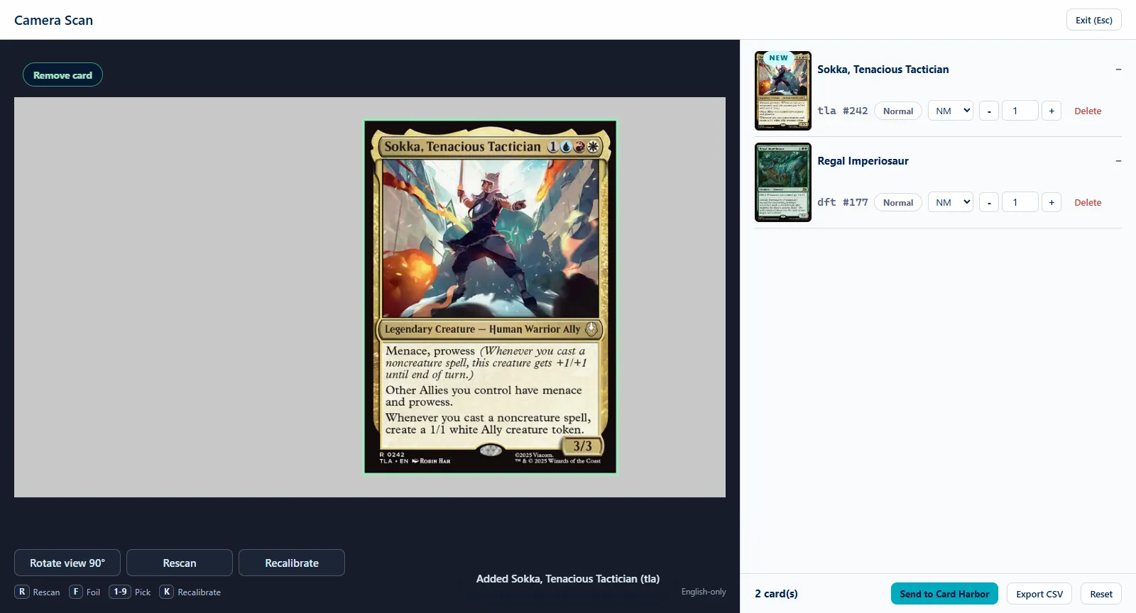 Card Harbor camera scan identifying cards live: a card held in the guide box, with Sokka and Regal Imperiosaur recognized and listed in scan order, ready to confirm