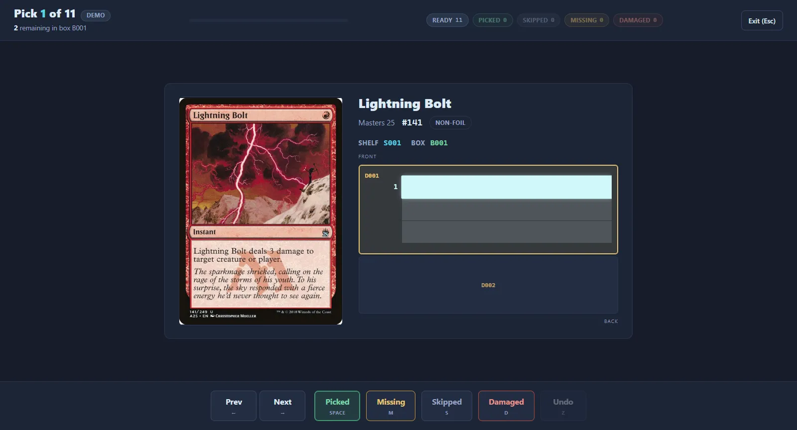 Card Harbor guided picking: Lightning Bolt shown large beside its shelf, box, and divider, with single-key actions for picked, missing, skipped, and damaged