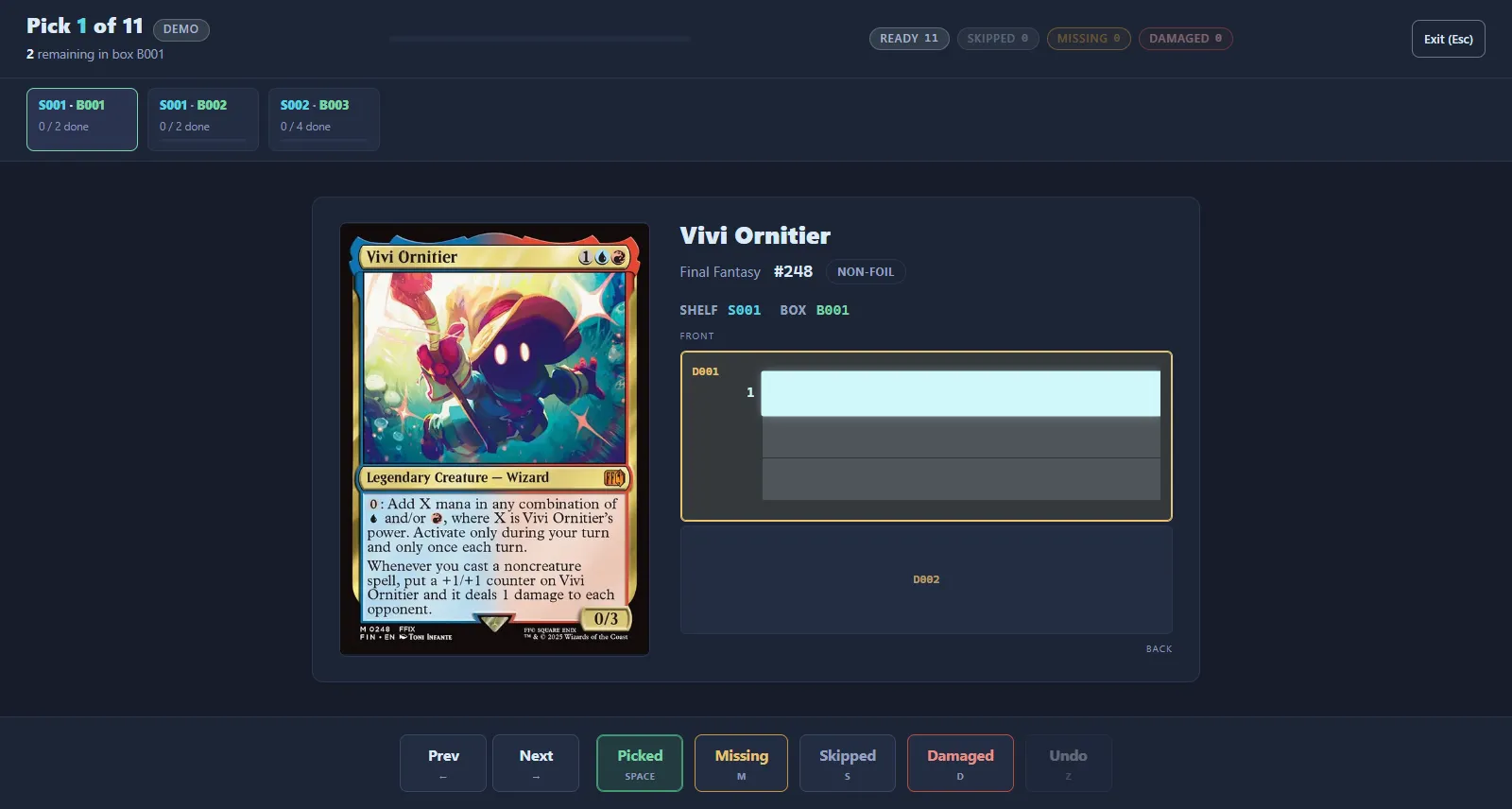 Card Harbor guided picking: Vivi Ornitier shown large beside its shelf, box, and divider, with single-key actions for picked, missing, skipped, and damaged