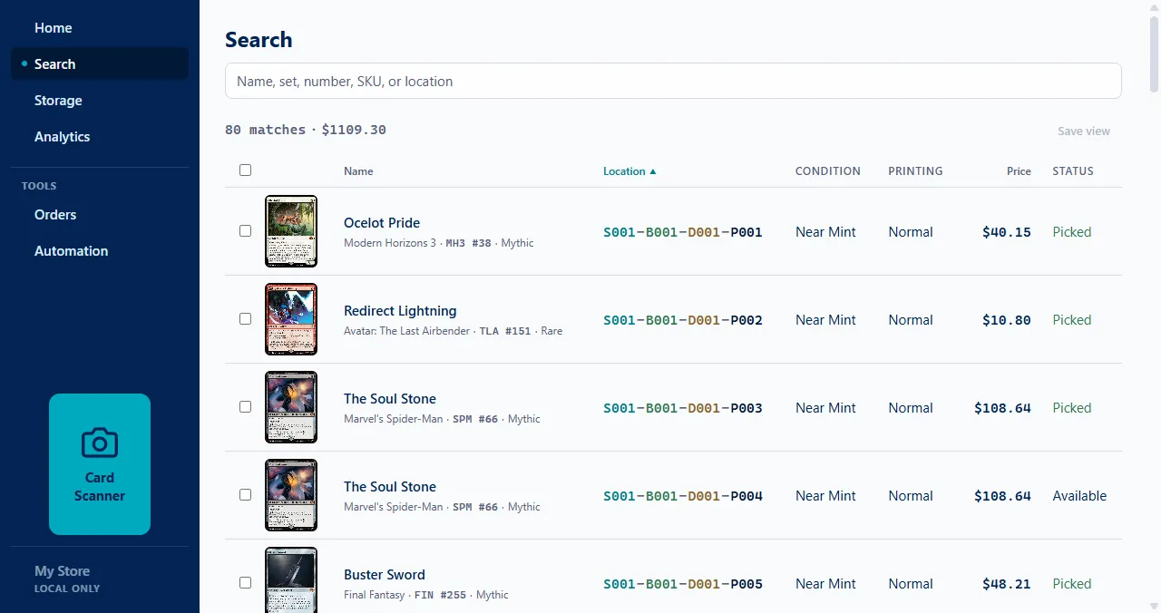 Card Harbor search results showing card art, exact shelf, box, and divider locations, conditions, prices, and statuses