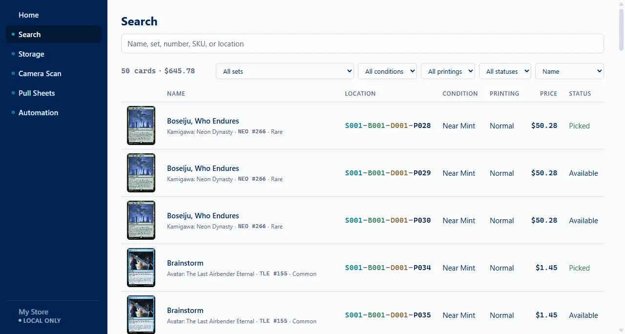 Card Harbor search results showing card art, exact shelf, box, and divider locations, conditions, prices, and statuses